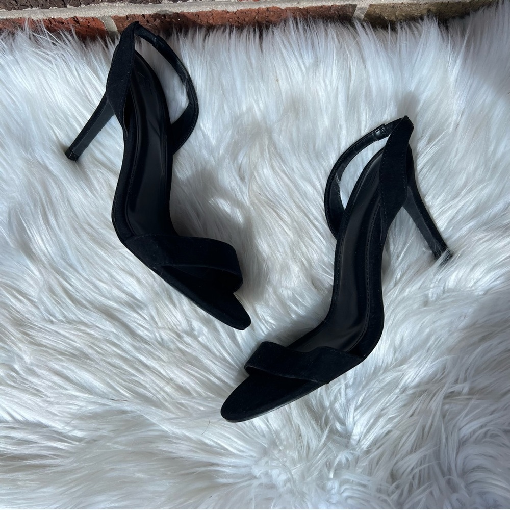 JF j. Ferrar Black Faux Suede Sling Black Strappy Front Stiletto Heel Pump Heels